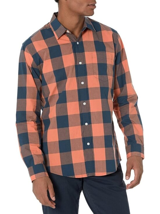 Other - Men's Navy Orange Buffalo 100% Cotton Imported Long-Sleeve Casual Poplin Shirt